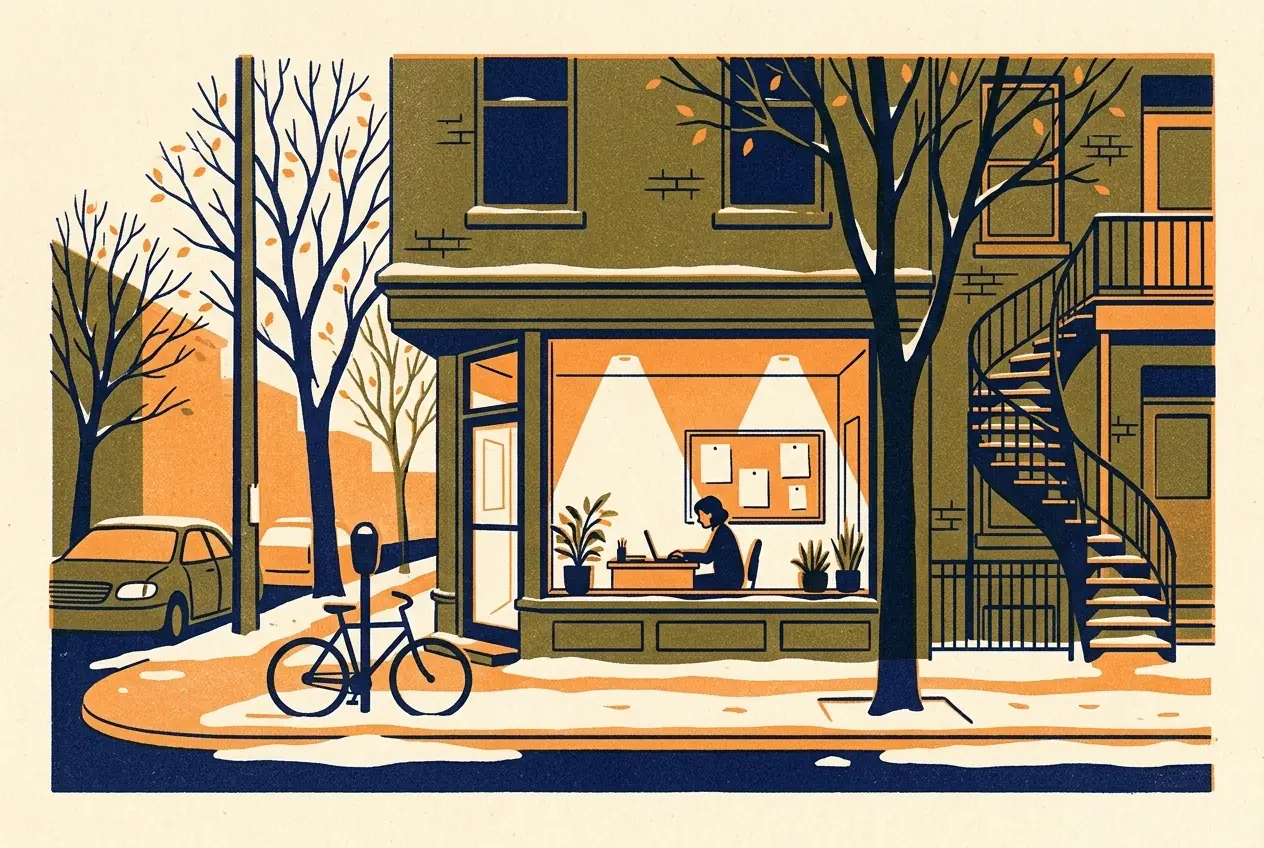 Illustration à deux encres: la vitrine éclairée d'un organisme communautaire en fin de journée, une personne ferme son portable, un vélo et la neige dehors.