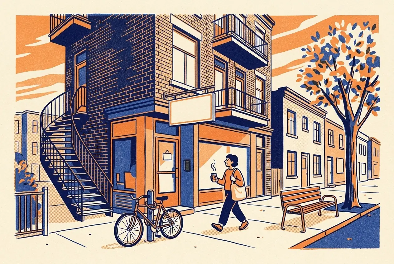 Illustration à deux encres: la façade d'un organisme communautaire dans un quartier de Montréal, escalier en colimaçon, vélo, une personne qui sort avec un café.