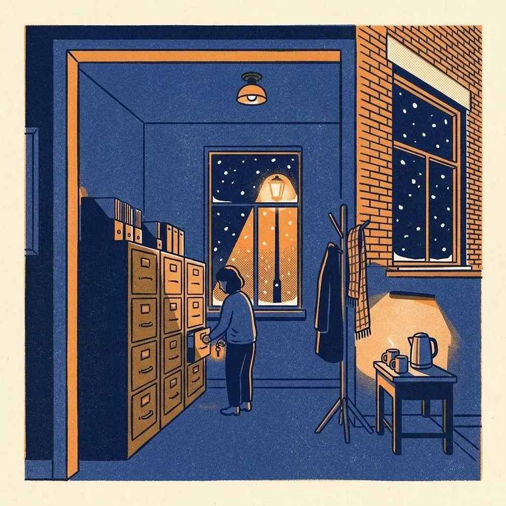 Illustration à deux encres: vue de la porte, l'arrière-boutique d'un organisme en hiver, une personne ferme un tiroir à clé, un lampadaire allumé dans la fenêtre enneigée.